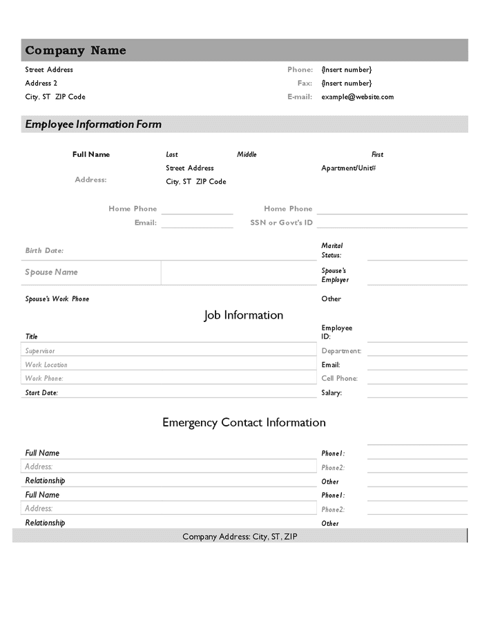 Personnel information form in Word and Pdf formats