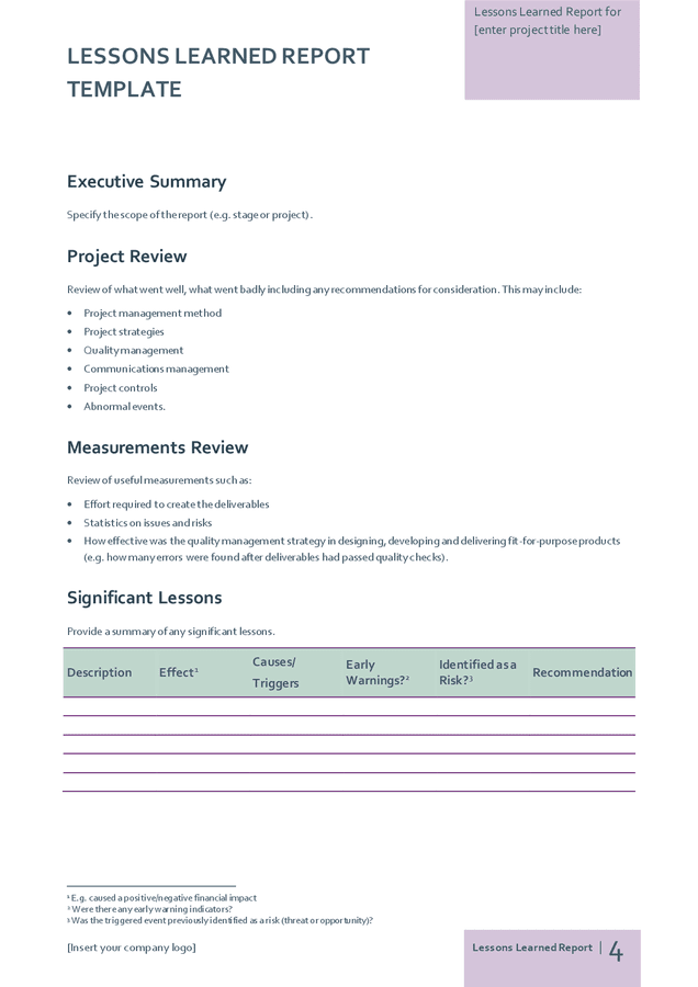 Lesson Learn Report Lessons learned report in Word and Pdf formats - page 4 of 4