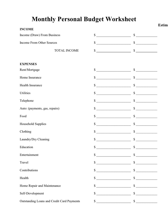 personal budget sheets for working college students