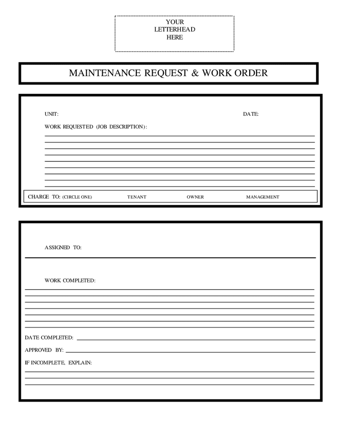 Maintenance request & work order form in Word and Pdf formats