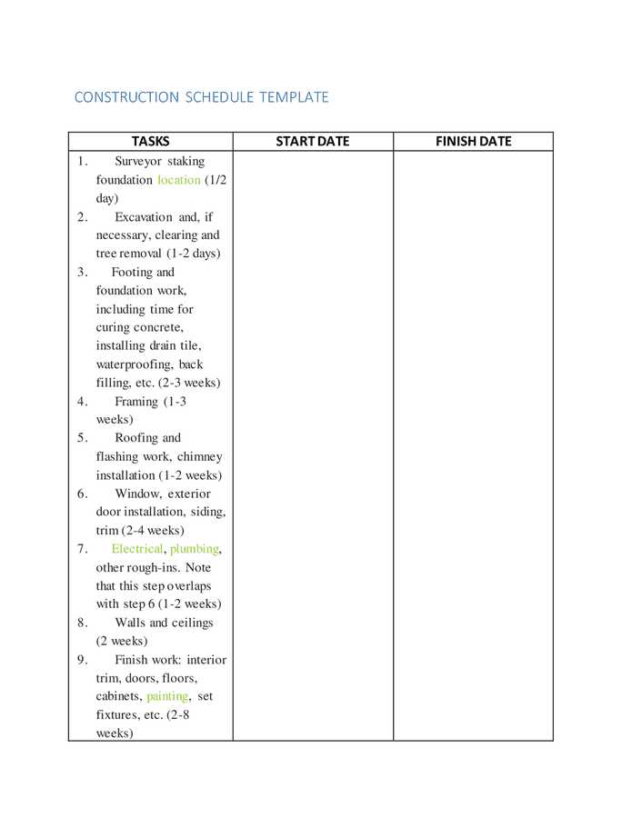Construction schedule template in Word and Pdf formats