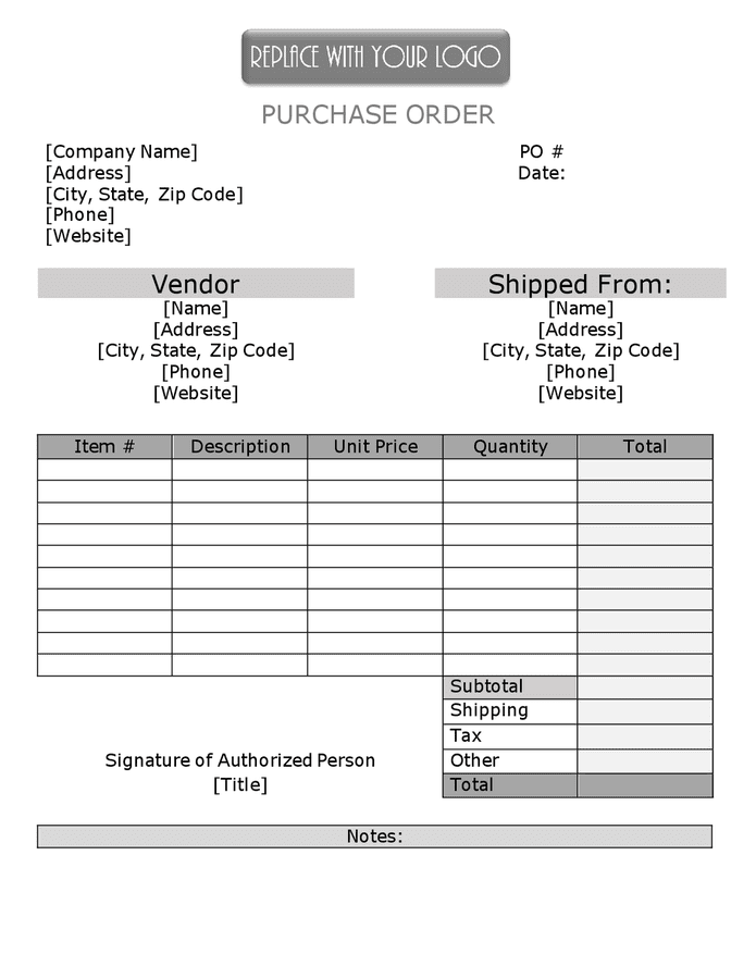 Grey purchase order in Word and Pdf formats