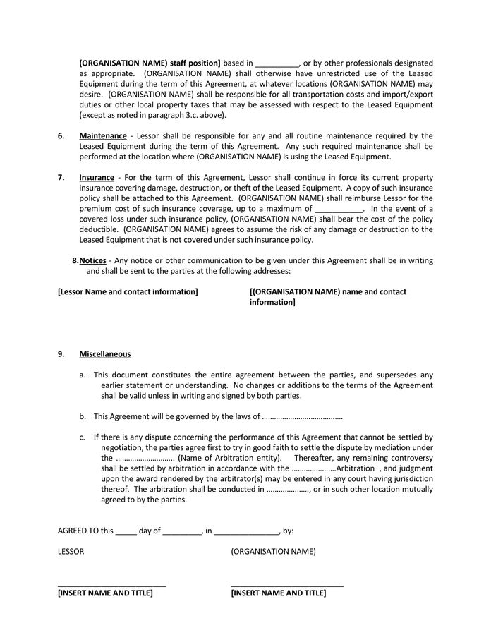 equipment lease agreement in Word and Pdf formats - page 2 of 2