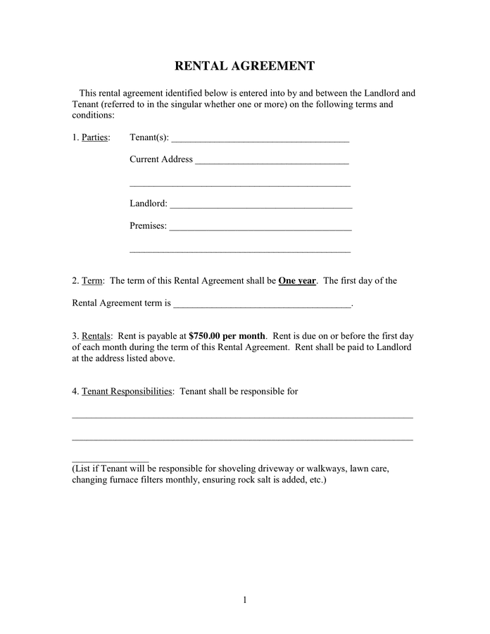 Rental agreement form in Word and Pdf formats