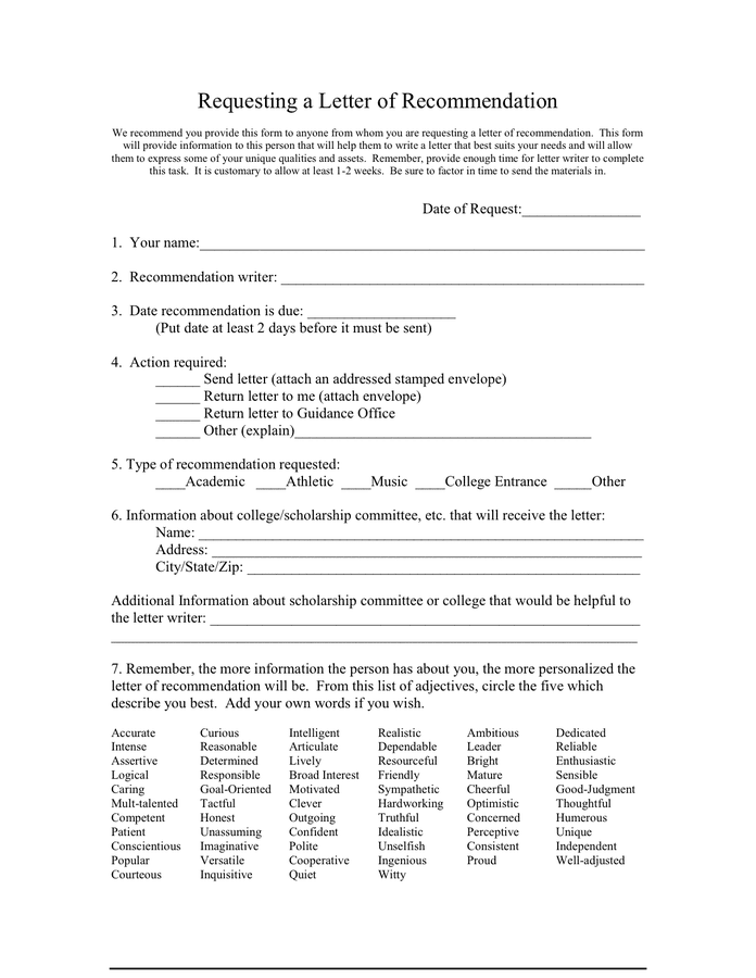 Requesting A Letter Of Recommendation In Word And Pdf Formats 2079