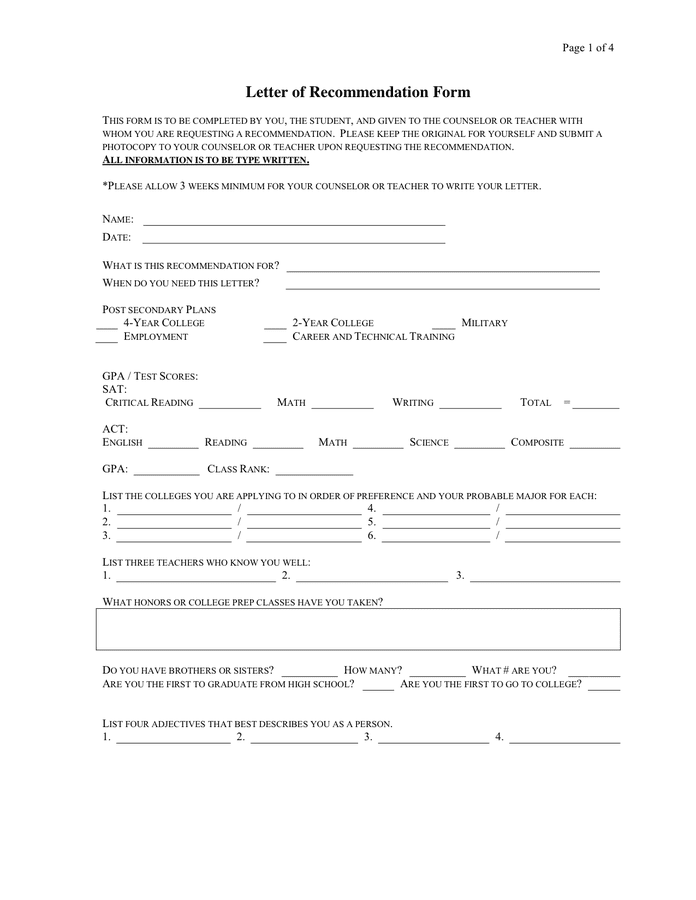 Letter Of Recommendation Form In Word And Pdf Formats 8001