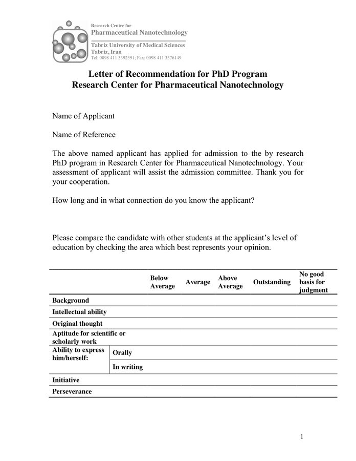 phd reference letter format