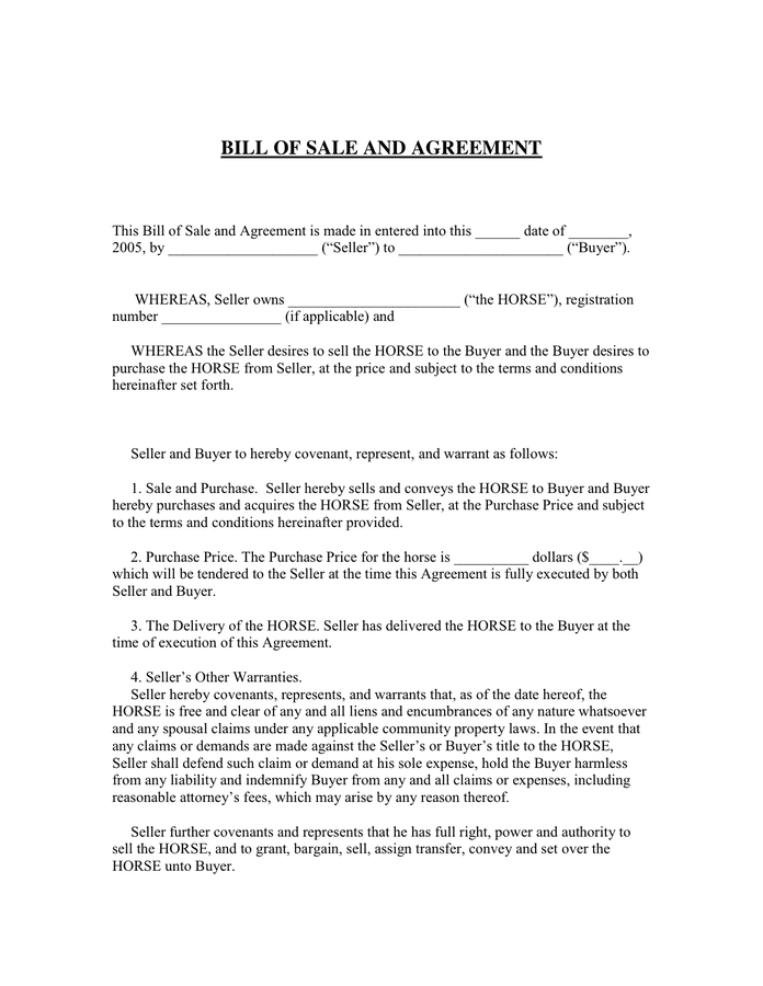 Bill of sale and agreement in Word and Pdf formats