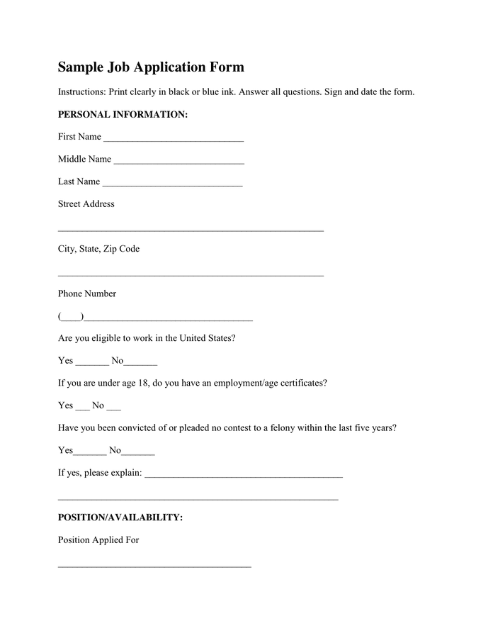 Job Application Form In Word And Pdf Formats