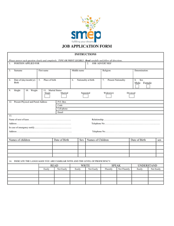 Job Application Form in Word and Pdf formats