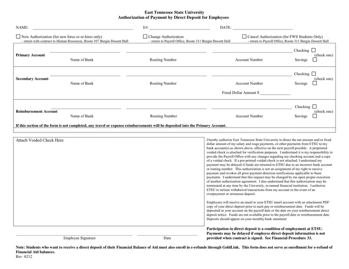 ETSU Direct Deposit Form in Word and Pdf formats