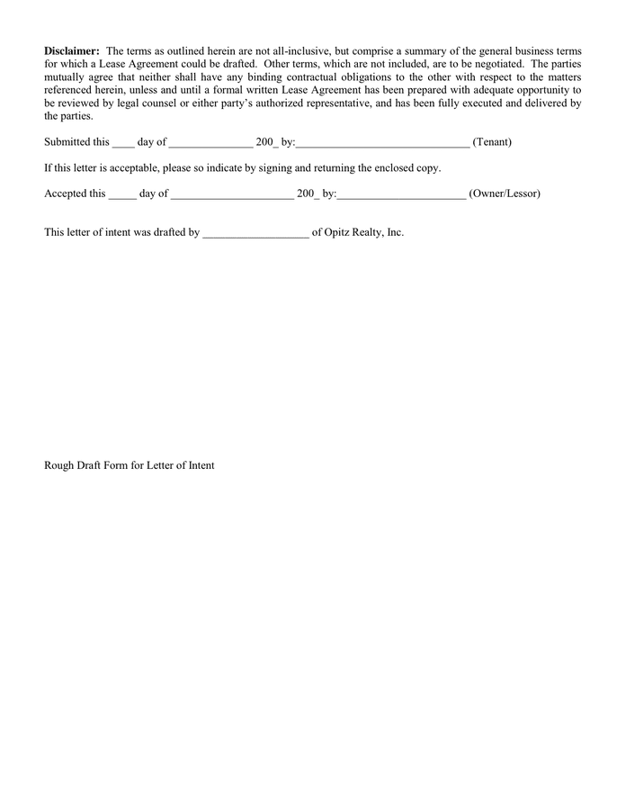 Letter of intent to lease in Word and Pdf formats - page 2 of 2