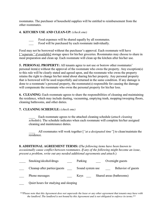 Roommate Agreement in Word and Pdf formats - page 2 of 3