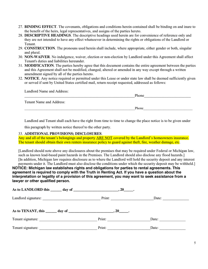 Michigan Residential Lease Agreement in Word and Pdf formats page 5 of 5