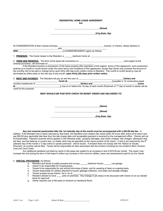 Residential lease agreement in Word and Pdf formats