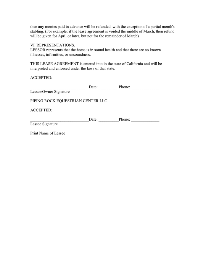 Horse lease agreement in Word and Pdf formats - page 3 of 3