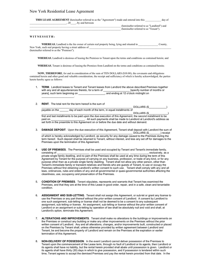 New York Residential Lease Agreement in Word and Pdf formats