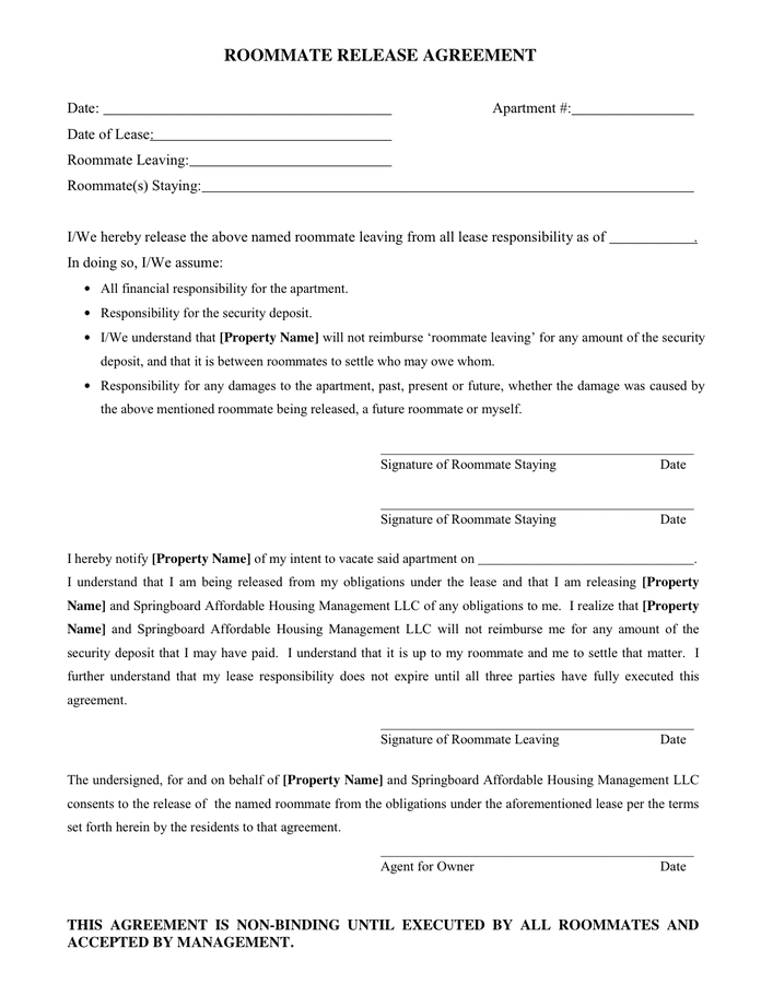 Roommate release agreement in Word and Pdf formats