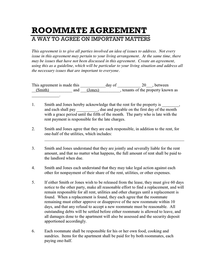 Roommate agreement in Word and Pdf formats