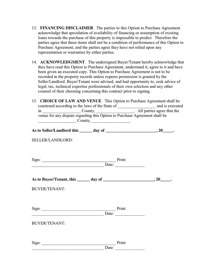 Lease to purchase option agreement in Word and Pdf formats - page 3 of 3