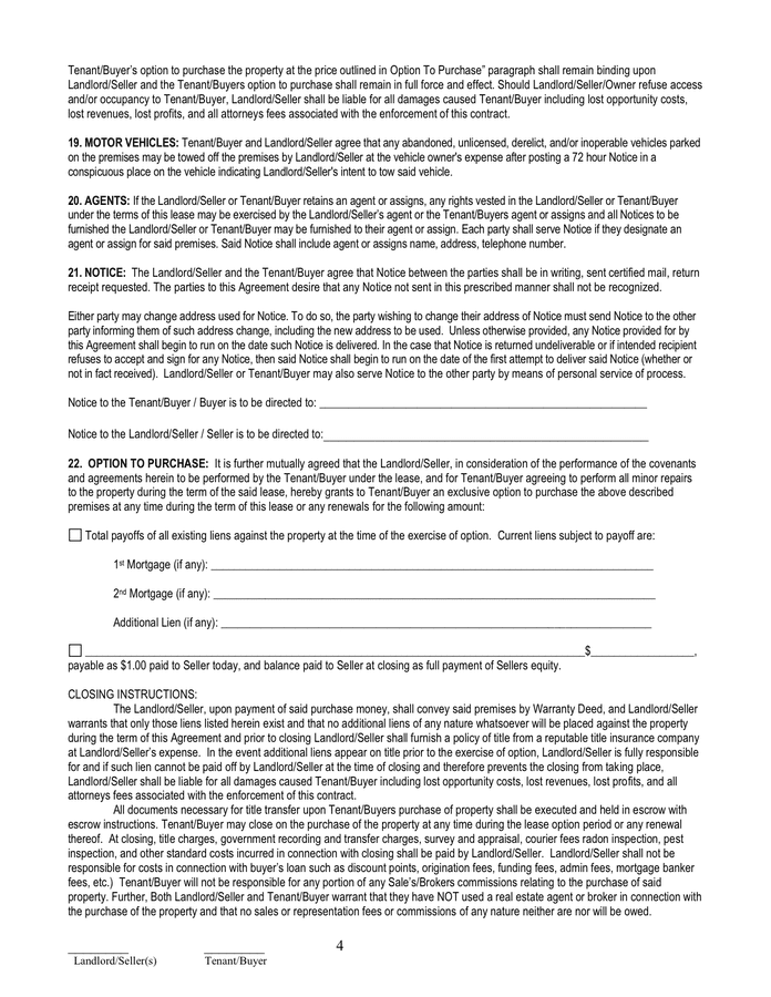 Residential lease purchase agreement in Word and Pdf formats - page 3 of 4