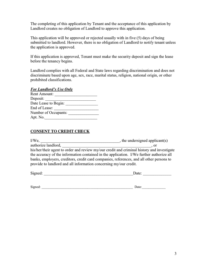 Apartment Lease Application in Word and Pdf formats page 3 of 3