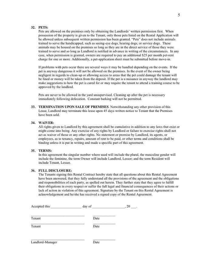 Rental agreement in Word and Pdf formats - page 5 of 5