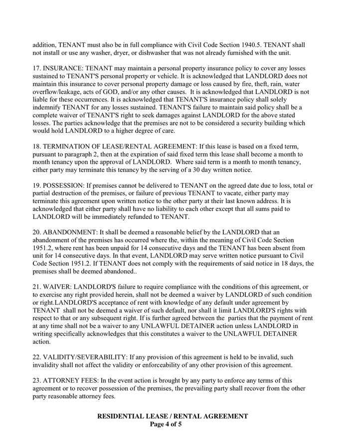 Residential lease / rental agreement in Word and Pdf formats page 4 of 5