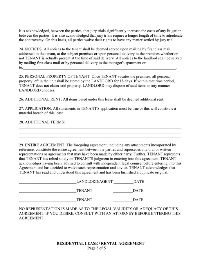 Residential lease / rental agreement in Word and Pdf formats - page 5 of 5