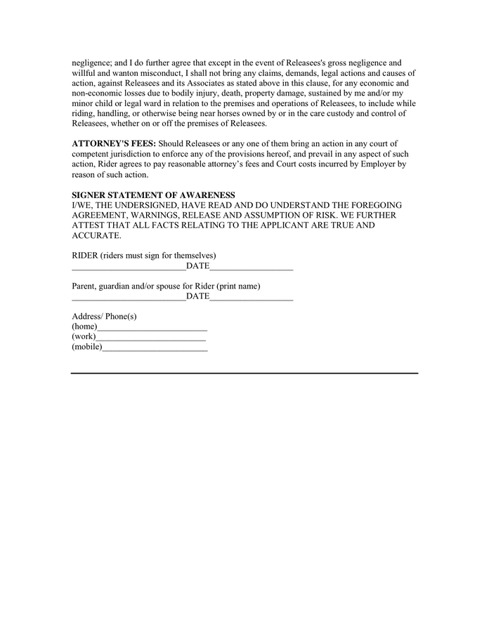 Horse riding agreement and liability release form in Word and Pdf