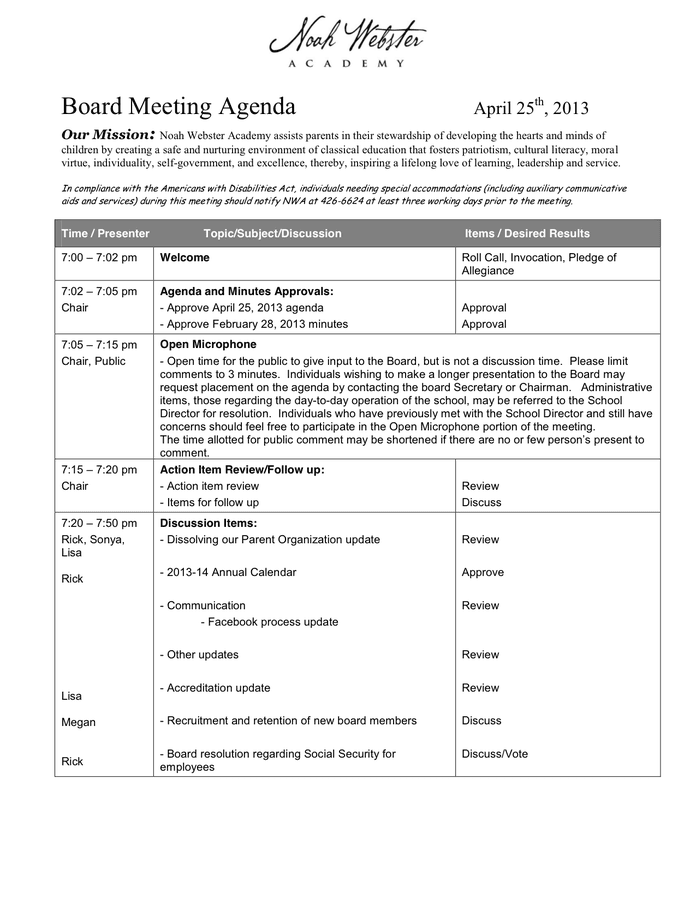 Board Meeting Agenda Template - download free documents for PDF, Word ...