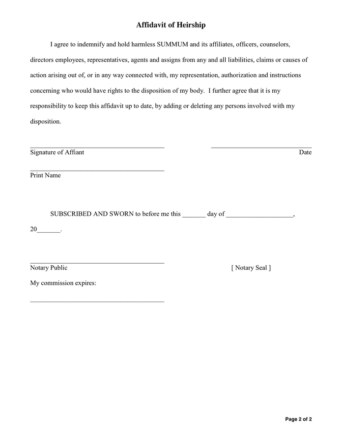 Affidavit of heirship in Word and Pdf formats - page 2 of 2