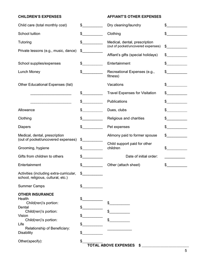 Financial Affidavit in Word and Pdf formats - page 5 of 6