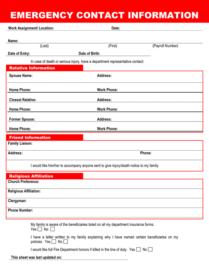 Pdf Printable Employee Emergency Contact Form Printable Forms Free Online