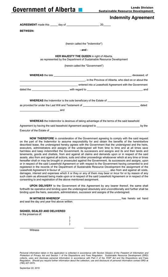 Printable Indemnity Agreement 5777