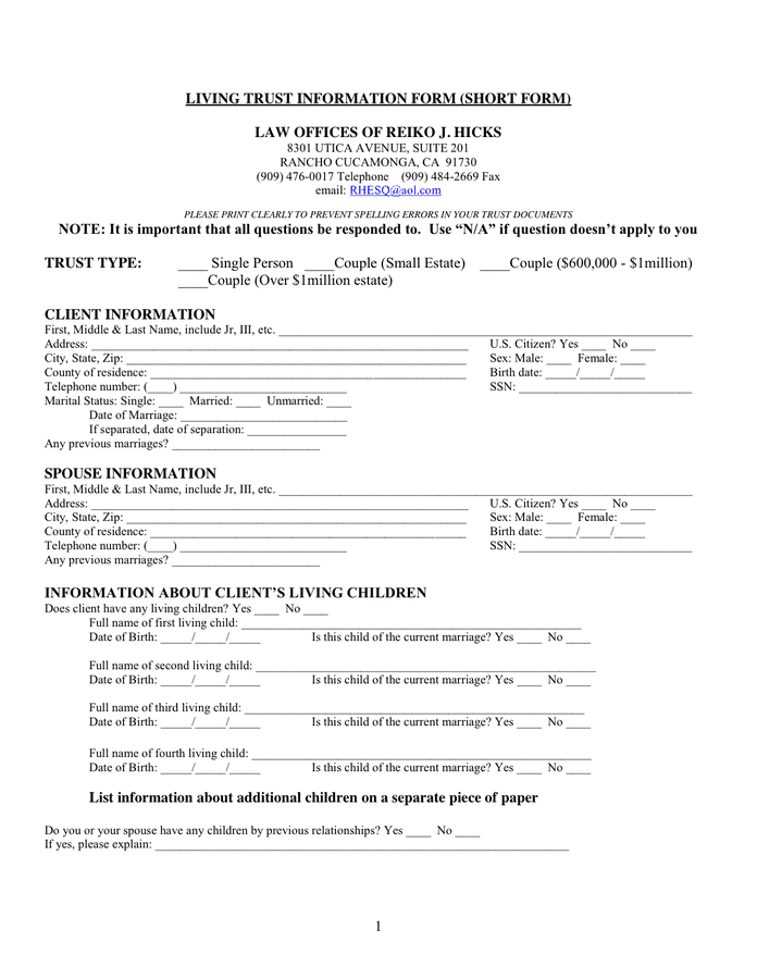 Living Trust Information Form In Word And Pdf Formats