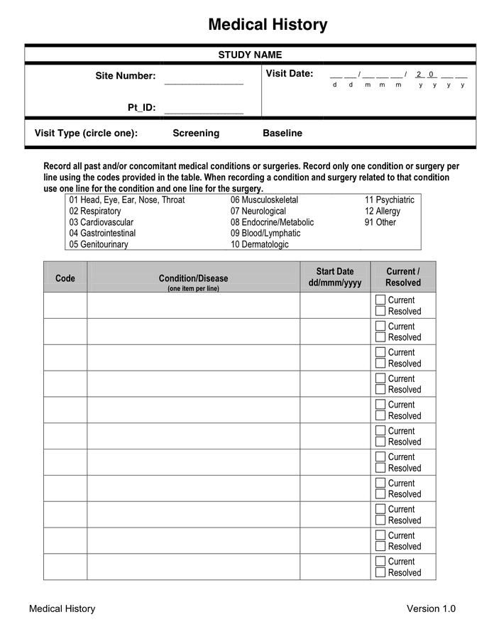 Medical History Form - download free documents for PDF, Word and Excel