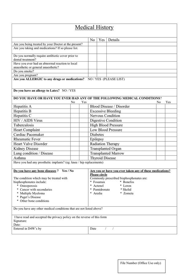 Medical History Form in Word and Pdf formats - page 2 of 2