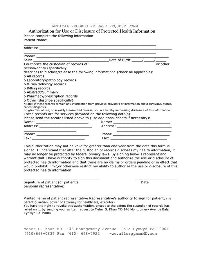 Medical Records Release Request Form In Word And Pdf Formats