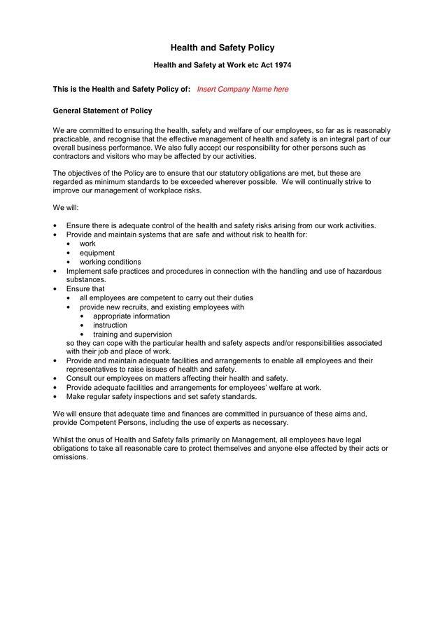 Health and Safety Policy in Word and Pdf formats