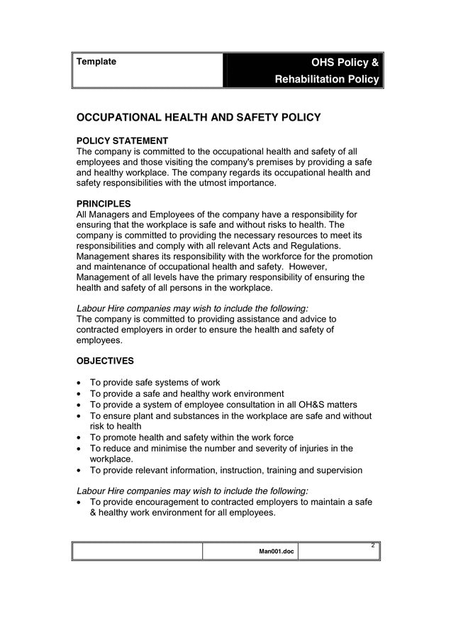 Occupational Health And Safety Policy In Word And Pdf Formats Page 2 Of 8 0885