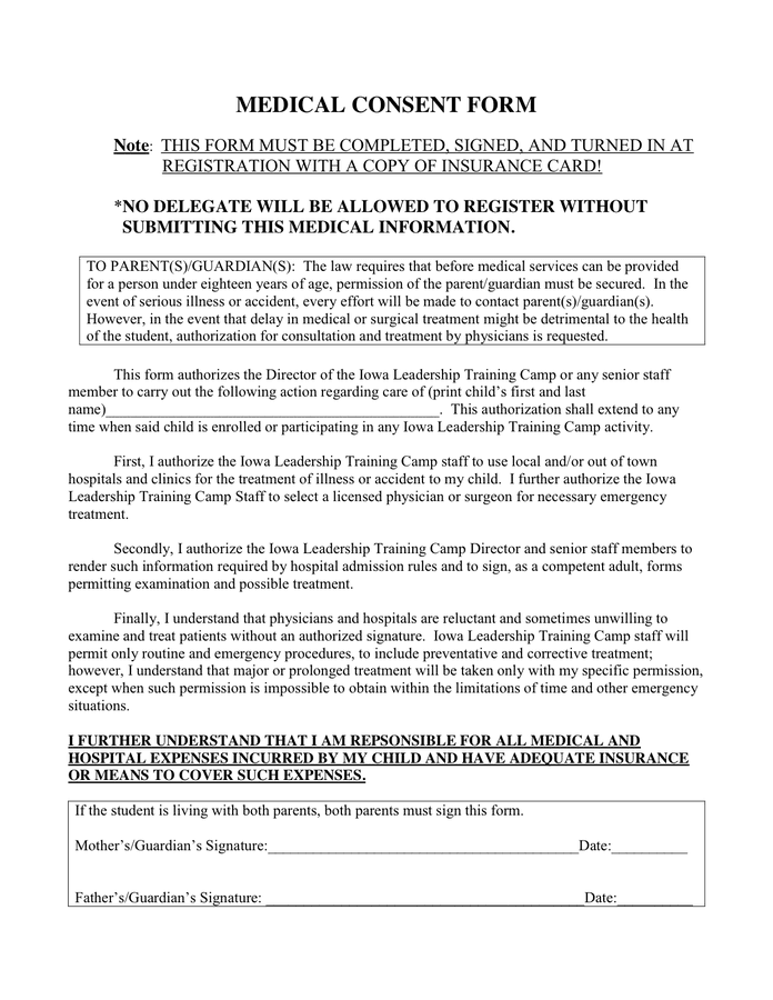 Printable Medical Consent Form Adult 2244