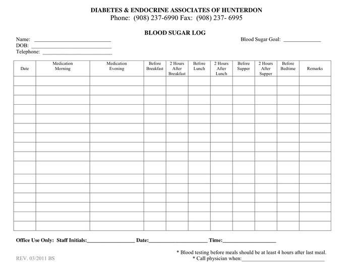 Blood Sugar Log in Word and Pdf formats