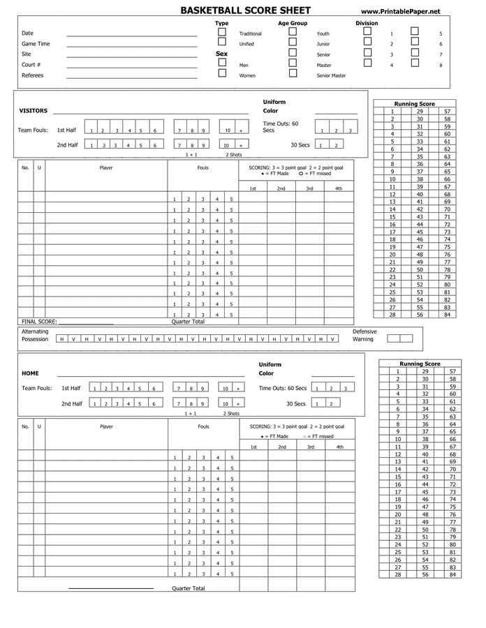 Youth Basketball Score Sheet Printable