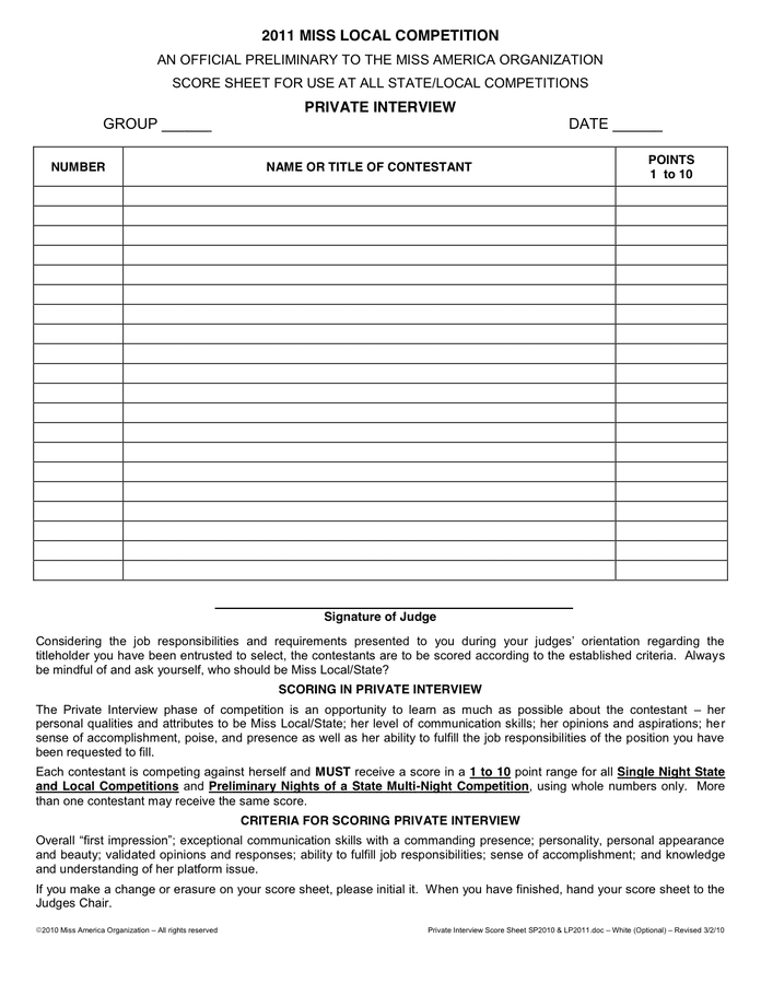 Private Interview Score Sheet In Word And Pdf Formats