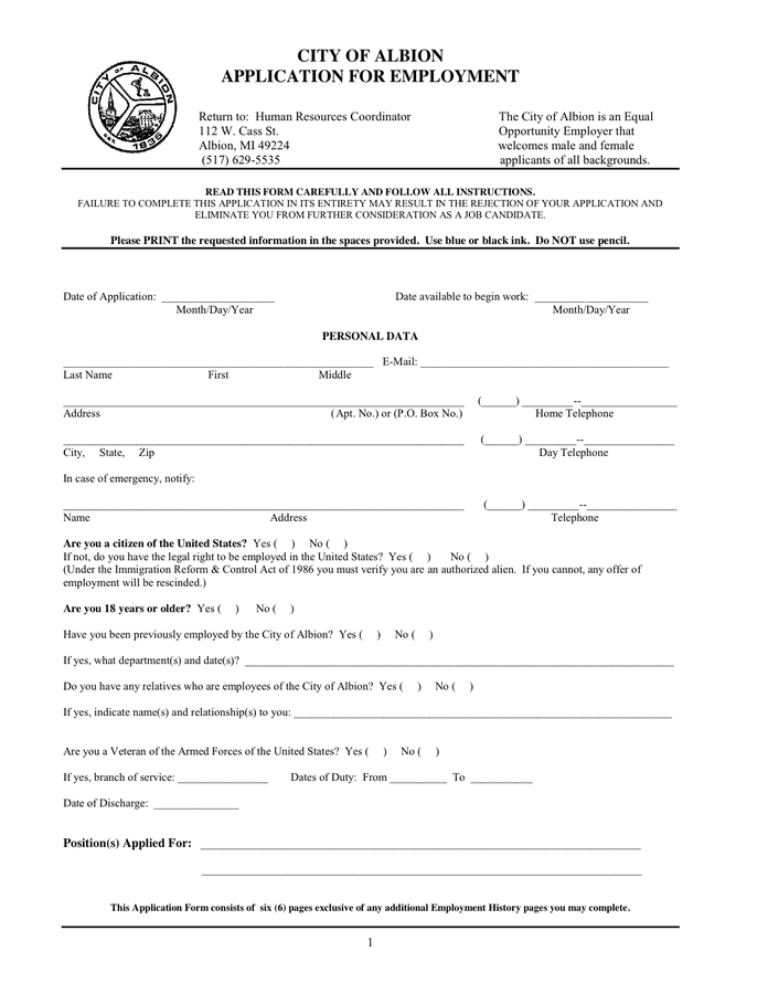 City Of Albion Job Application Form In Word And Pdf Formats