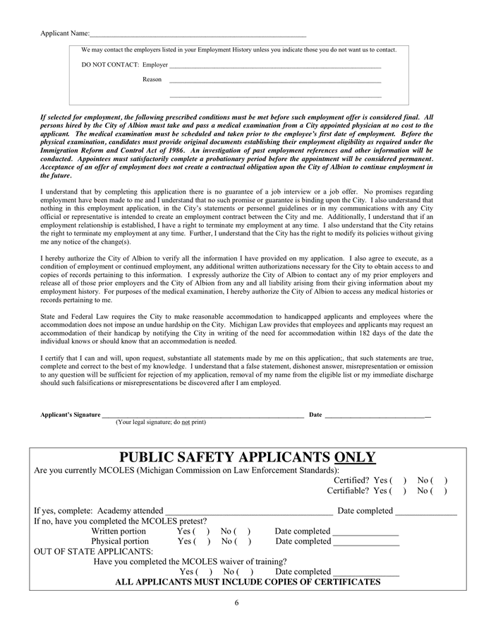 City of Albion Job Application Form in Word and Pdf formats page 5 of 6