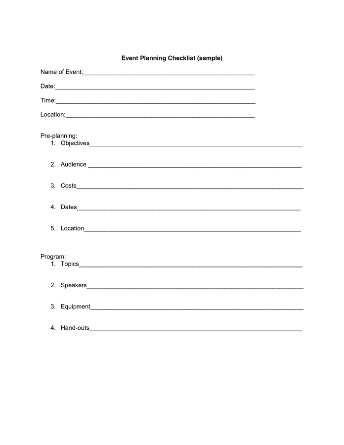 Event Planning Checklist in Word and Pdf formats