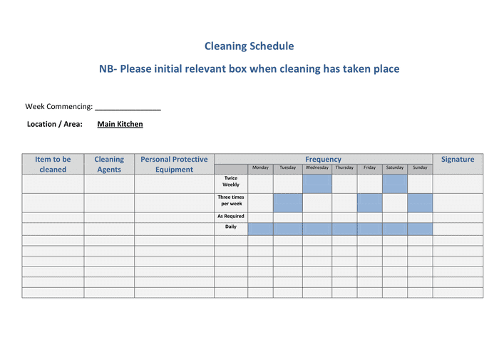 Blank cleaning schedule in Word and Pdf formats