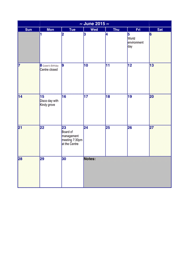 June 2015 Calendar in Word and Pdf formats
